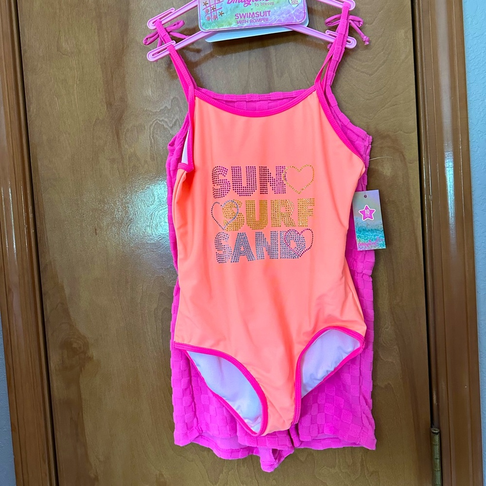 2 piece btween Pink Orange One Piece Swimsuit SUN SURF SAND sequins and romper